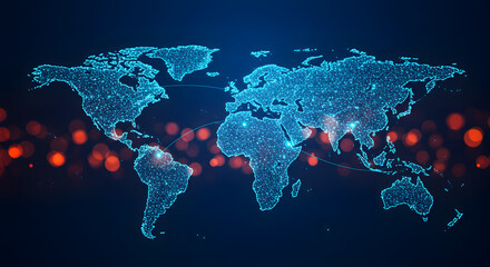 Poster - Abstract World Map with Digital Network Connections on Dark Blue Background and Orange Bokeh Lights