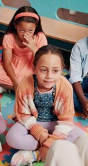 Poster - Hands, teacher and flash cards with kids in classroom for creative development, quiz feedback and memory recall. Education, learning and children clapping for answer in lesson for animal alphabet
