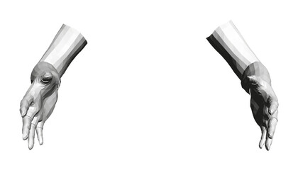Poster - Two hands are shown in a black and white illustration, one of which is reaching out. Illustration has moody and mysterious feel to it, as if the hands are trying to communicate something to the viewer
