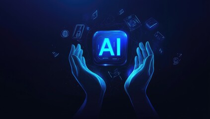 Poster - Glowing Ai Logo Held By Hands In Dark Background
