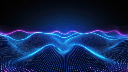 Poster - glowing blue and pink particle waves abstract digital landscape