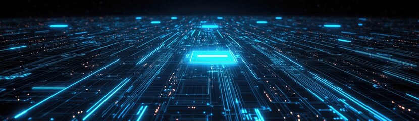 Poster - Glowing Blue Digital Landscape: Abstract Futuristic Technology Background