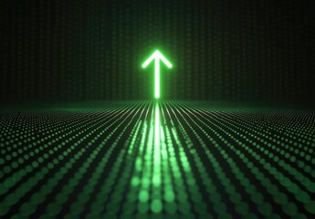 Poster - glowing green arrow pointing upwards on dotted surface representing growth opportunity in dark techn