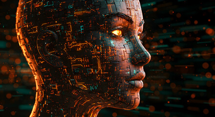 Poster - Abstract Digital Humanoid Head with Glowing Orange Eyes on Dark Background