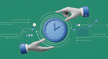 Poster - Clock with Hands Floating with Business Graph on Green Background Concept of Planning and Financial Growth