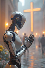 Fototapete - A white robot is depicted with its hands clasped in prayer