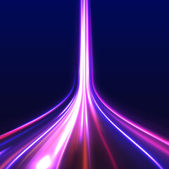 Leinwandbilder - High-speed light line in the form of a road and a highway in a night city. Lines in the shape of a comet against a dark background. Neon stripes in the form of drill, turns and swirl.	