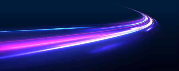 Fototapete - Particle motion light effect. Abstract fire flare trace lens flares. Long exposure of motorways as speed. Luminous sparkling lines, glowing violet speed rays.	