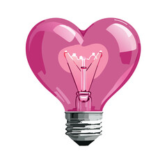 Wall Mural - A heart-shaped light bulb glowing pink. White background