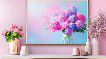 Poster - Blue canvas enhances the pink hues of hydrangea in a metallic rose-gold frame