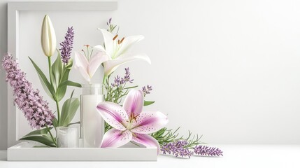 Poster - Minimalist light gray frame with elegant lily and sprigs of lavender