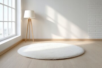 Poster - A bright minimalist room with a round white rug, wooden floor, tripod lamp, and large window.