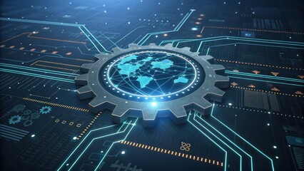 Aufkleber - A digital gear with a world map connects to circuits, symbolizing global technology and network integration.