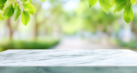 Poster - A marble tabletop with green leaves above, set against a blurred outdoor background in natural daylight.