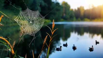 Dewy spiderweb hangs above water with blurred ducks and sunlit trees.
