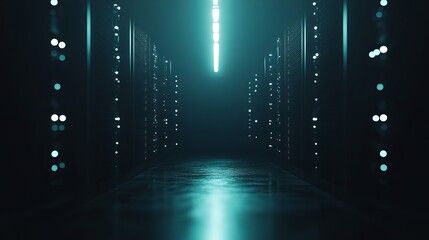 Poster - abstract futuristic server room corridor digital art teal lights technology background modern data c