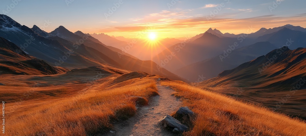 A scenic mountain landscape at sunrise, with a winding path through ...