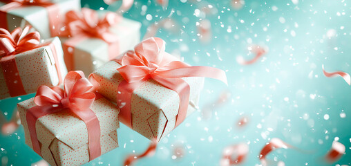 Aufkleber - Festive presents covered in cheerful wrapping and vibrant bows are scattered in a whimsical fall atmosphere. Delicate ribbons swirl through the air, enhancing the holiday spirit and joy.