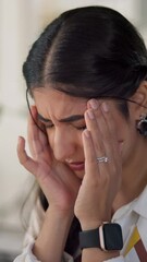 Poster - Business woman, headache and pain in office with burnout, audit stress or eye strain. Accountant, employee overwhelmed and migraine at desk with exhaustion, deadline pressure and brain fog fatigue