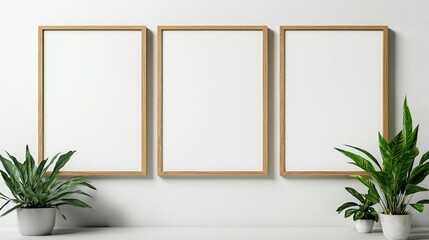Poster - Three Empty Wooden Frames Mockup Minimalist Modern Home Decor Blank Canvas Wall Art Neutral Beige Background Simple Elegant Design Interior Photography Studio Clean Aesthetic      