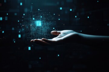 Poster - A futuristic hand reaching out to a glowing digital cube amidst a dark, tech-inspired background