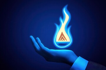 Poster - A glowing blue flame held in a hand against a dark background, symbolizing innovation and energy