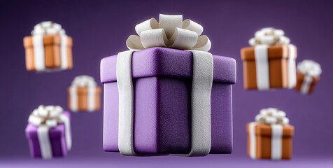Aufkleber - In a festive setting, purple gift boxes adorned with white bows float gracefully, surrounded by hints of autumn colors. These vibrant presents create a cheerful atmosphere for the holiday season.