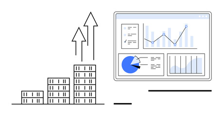 Poster - bar graph and upward arrows next to data-filled dashboard with graphs and charts. ideal for analytic