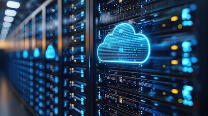 Poster - Blue glowing cloud overlay in a data center corridor, ideal for cloud computing, data management and digital infrastructure ads