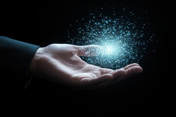 Poster - A human hand reaching out to capture a glowing orb of light amidst a dark background