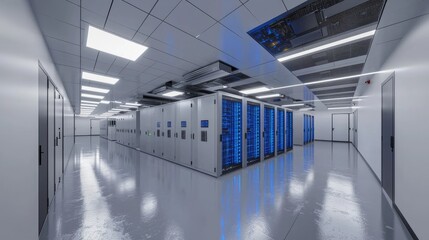 Poster - Bright white data center corridor with glowing blue server units, ideal for showcasing tech cleanliness, security, and innovation
