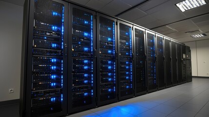 Poster - Dark sleek data center with glowing blue server panels under ceiling lights, perfect for IT infrastructure, data backup and smart technology themes