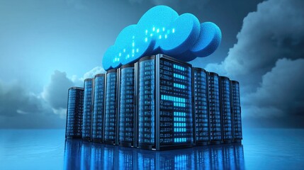 Fototapete - Blue cloud above futuristic server towers on reflective surface, ideal for cloud storage, AI tech, and virtual infrastructure design