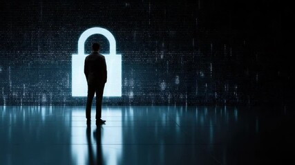 Cybersecurity Guardian: A lone figure stands before a massive glowing padlock, symbolizing the unwavering protection of digital assets and data security in the modern cyber world.