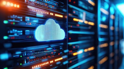Aufkleber - Cloud technology concept with glowing cloud icon on server equipment, perfect for cloud computing, data backup, and IT service platforms