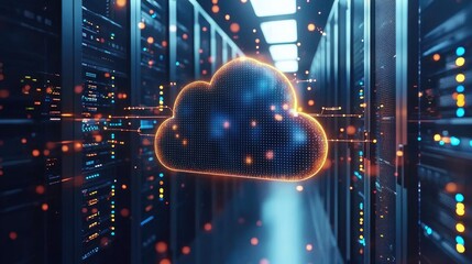 Poster - Cloud storage visualization with glowing orange data cloud and network lines in server room, perfect for AI, data flow, and digital innovation visuals