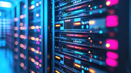 Aufkleber - Blurred server lights in vibrant tech corridor with glowing blue and pink panels, great for digital networking, cloud visuals, and smart systems
