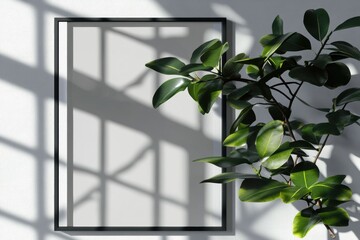Fototapete - Minimalist frame mockup with lush green ficus plant casting shadows on textured wall creating serene ambiance for interior design presentation