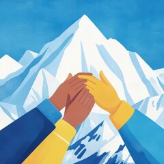 Poster - Diverse hands united before majestic mountain peak symbolizing teamwork achievement and overcoming challenges in a serene blue and white landscape illustration