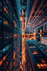 Poster - Captivating aerial perspective of a vibrant cityscape at night showcasing towering buildings and illuminated streets creating a dynamic urban atmosphere with a modern aesthetic