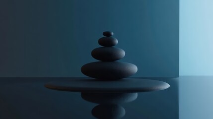 Poster - Serene zen stones balance on reflective surface in minimalist studio setting for meditation and wellness concept with calming blue tones and soft light