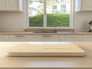 Aufkleber - Serene kitchen interior featuring a wooden cutting board on a countertop with a bright window view of lush greenery creating a calm and inviting atmosphere for cooking