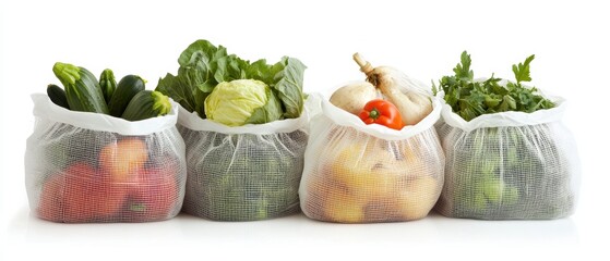 Aufkleber - Fresh organic vegetables in reusable mesh bags on white background promoting zero waste lifestyle healthy eating and sustainable shopping in bright studio shot
