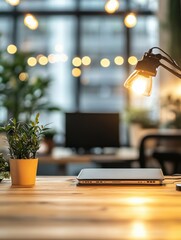 Aufkleber - Warm light on wooden desk with laptop and plant in modern office space creating a cozy and productive atmosphere for work and study