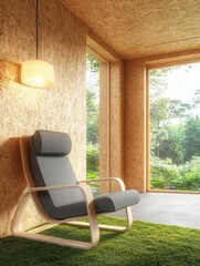 Fototapete - Serene interior featuring a modern chair, warm lighting, and a view of lush greenery, creating a tranquil and inviting atmosphere in a minimalist design