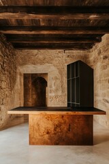 Poster - Contemporary design meeting rustic textures refined office space stone wall dark wooden table stylish shelf