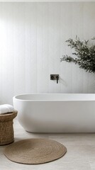 Poster - Serene bathroom retreat featuring a modern white bathtub against a textured tile wall and natural accents creating a calming spa like atmosphere