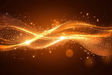 Poster - Golden abstract waves with sparkling particles on a dark brown background creating a magical and luxurious atmosphere perfect for festive designs and elegant presentations