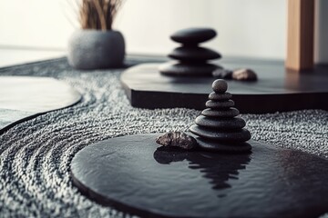 Aufkleber - Serene zen garden featuring balanced stone cairn on slate with raked gravel evoking tranquility and mindfulness in a minimalist spa setting with soft light