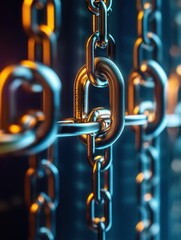 Fototapete - Metallic chain links gleaming in vibrant light a symbol of connection strength and industrial design a macro shot with a dark background and a modern aesthetic